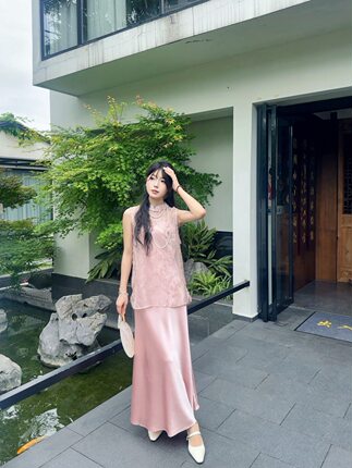 新中式国风清冷感复古提花斜襟盘扣马甲上衣缎面半身裙两件套女夏