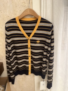 欧洲站2025秋季新款欧货女V领单排扣撞色条纹羊毛针织开衫外套潮