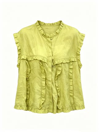 青柠绿木耳边无袖衬衫女夏薄款百分百苎麻立领荷叶边短款坎肩上衣