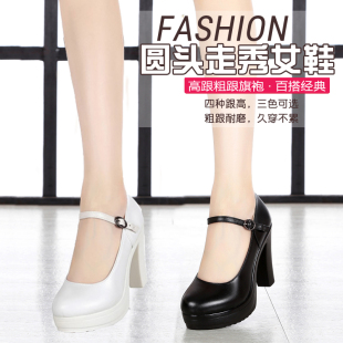 合唱团专业演出年会舞台走秀鞋女高跟模特旗袍厚底圆头真皮大码鞋