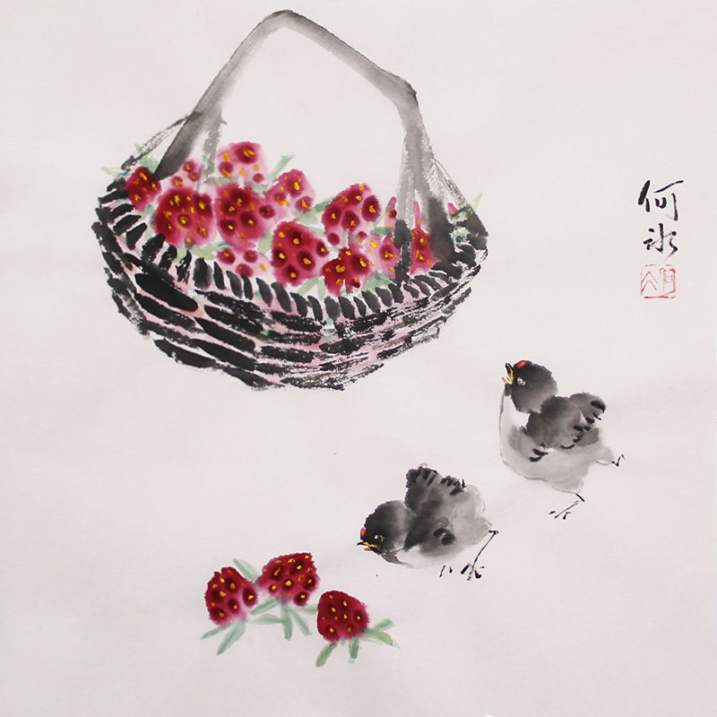 春节不打烊写意花鸟画真迹纯手绘国画草莓小鸡装饰画斗方挂画宣纸