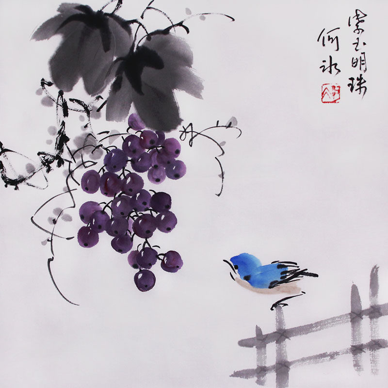 原创手绘写意国画成品水墨画斗方葡萄挂画餐厅装饰画无框中式水墨