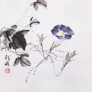 纯手绘牵牛花鸟画纸本绘画写意国画底稿装饰画宣纸书画作品斗方画