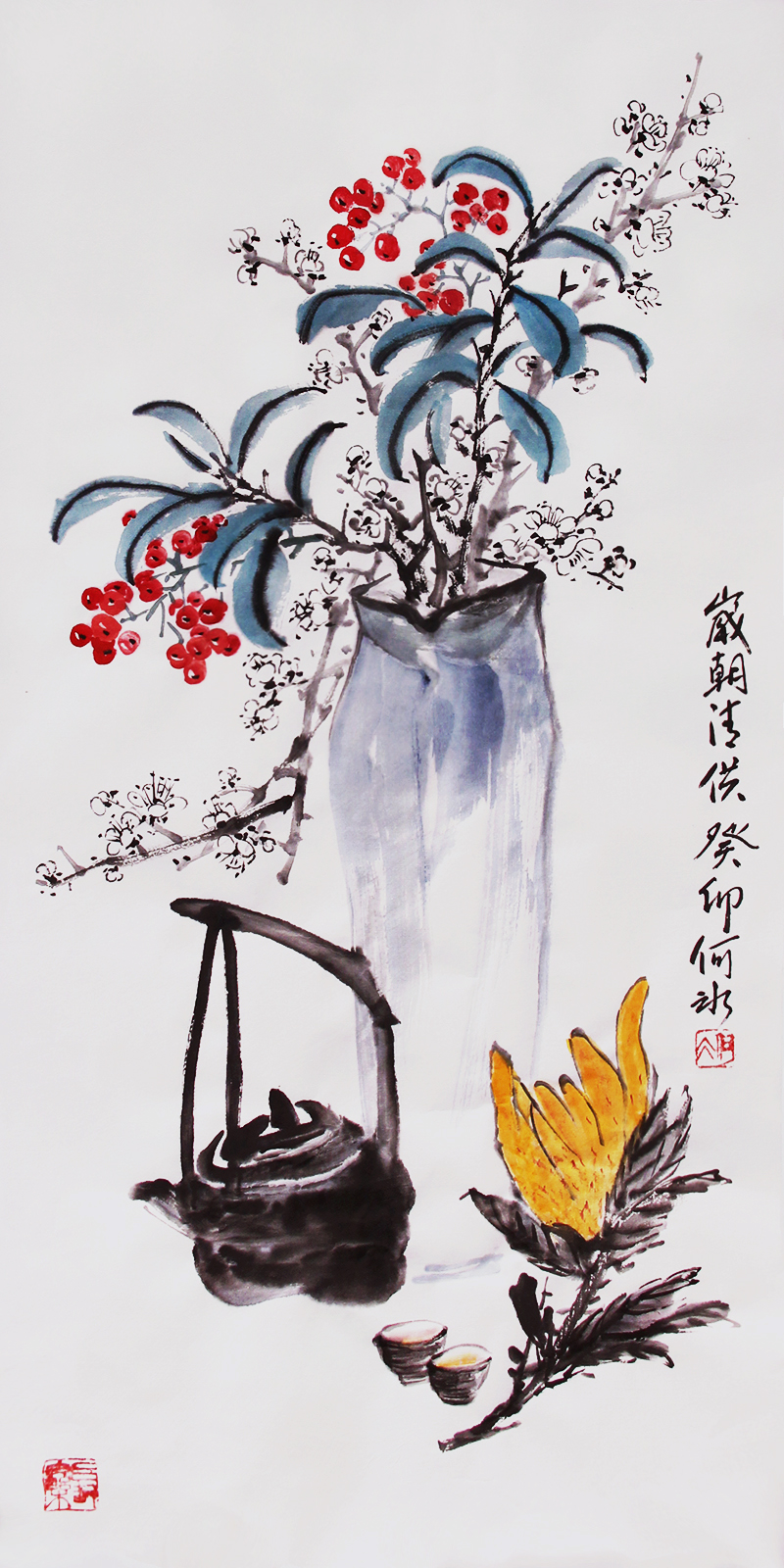 中式水墨画茶室挂画品茶梅花天竺子佛手国画原稿装饰画生宣纸画芯