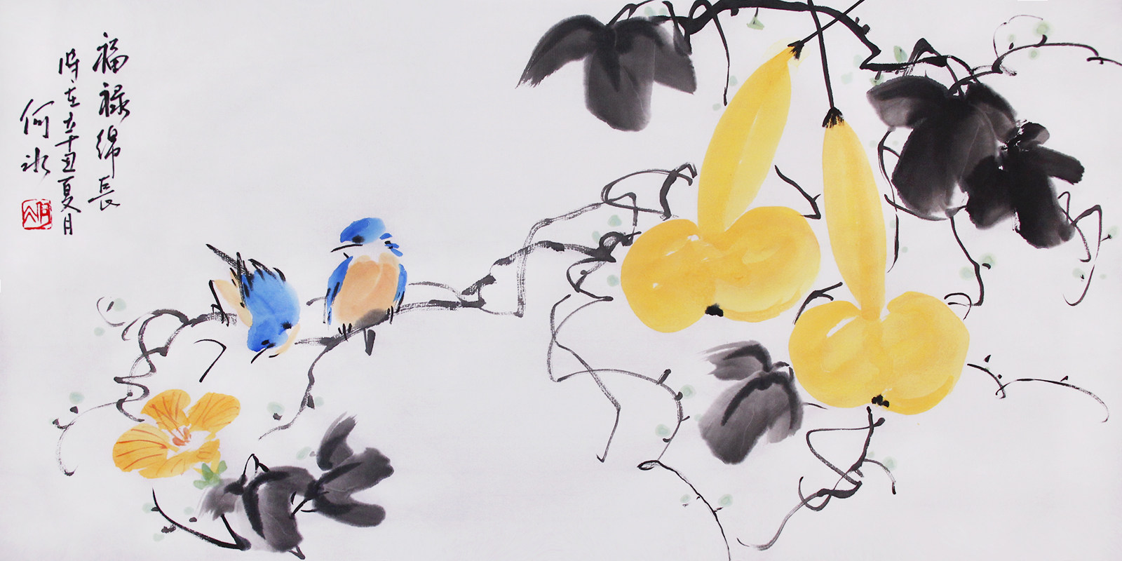 原创手绘国画葫芦画花鸟画横幅挂画餐厅中式装饰画字画宣纸书画芯