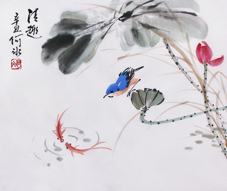 原创纯手绘国画荷花鸟鱼字画中式挂画无框装饰画宣纸书画芯40x34图片