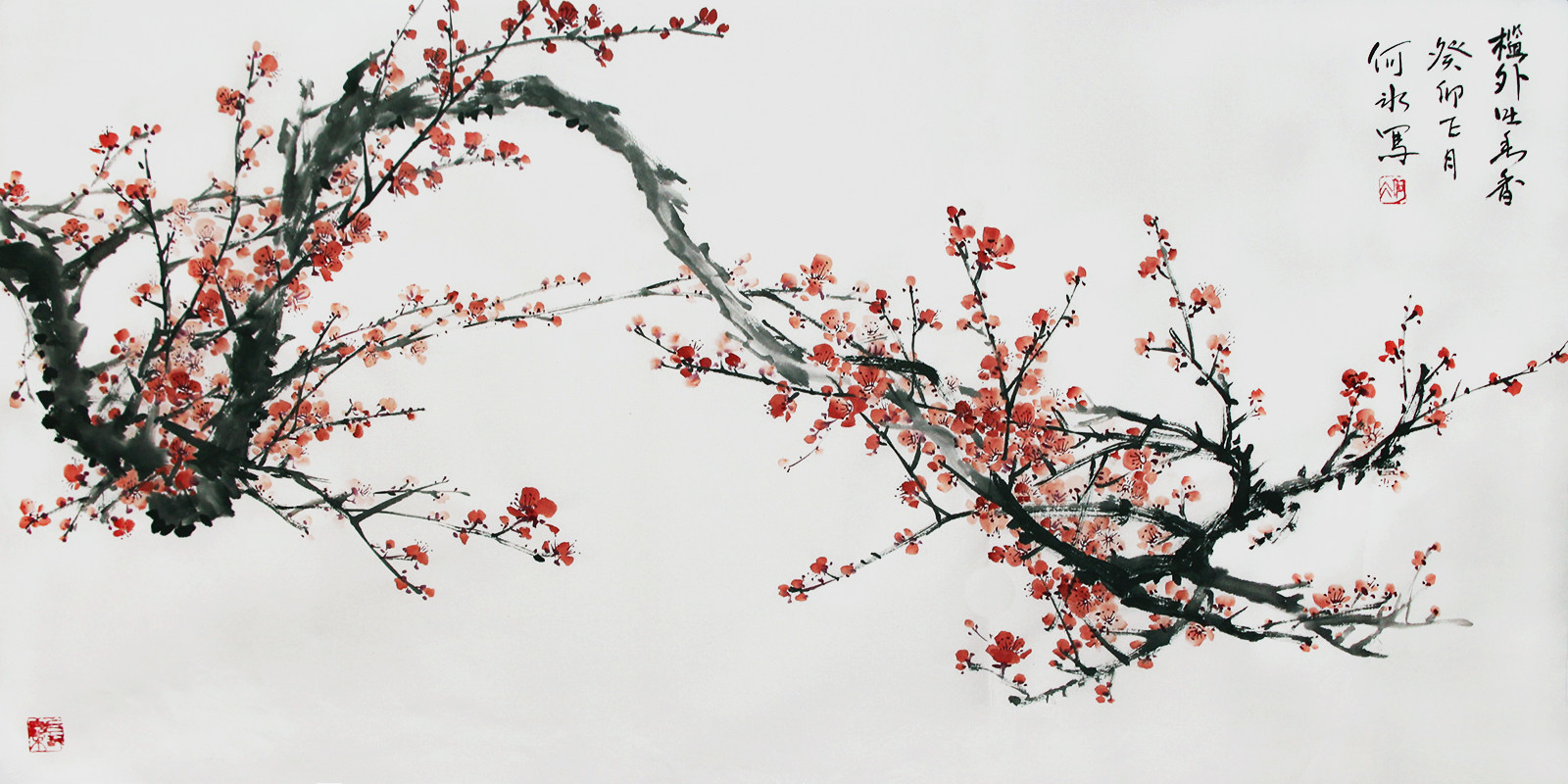 国画梅花挂画横幅书房字画客厅装饰画水墨画芯手绘书画真迹100x50