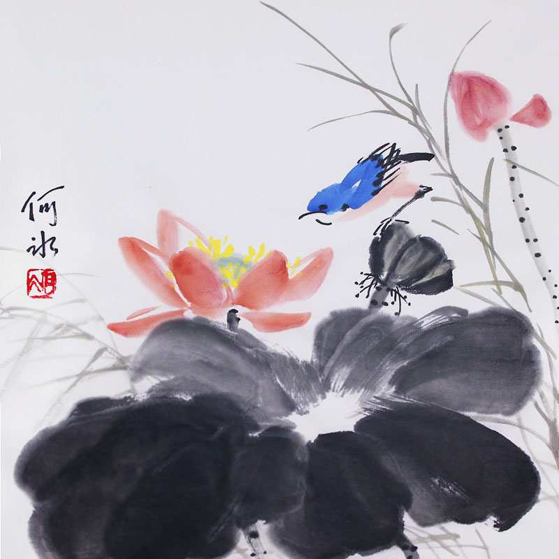 原创手绘国画荷花鸟画斗方水墨画中式挂画无框装饰画