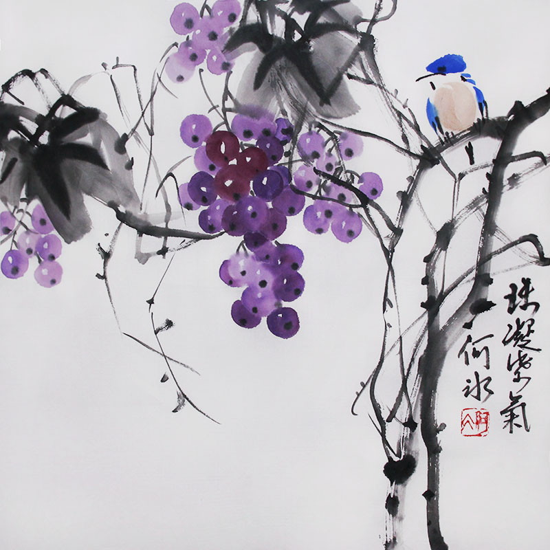 手绘葡萄花鸟画纸本绘画写意国画餐厅装饰画宣纸挂画手工书画真迹图片