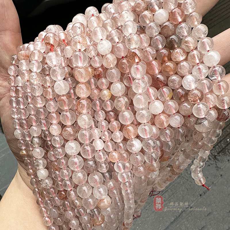 白幽灵水晶圆珠浅色红铁胶花晶