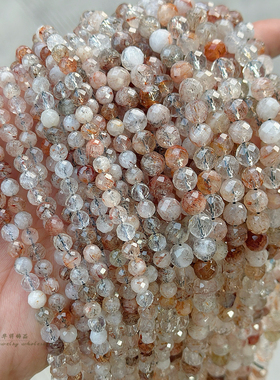 天然切面黑金超七水晶圆珠 6-10mm硬切散珠 diy手链项链串珠配件