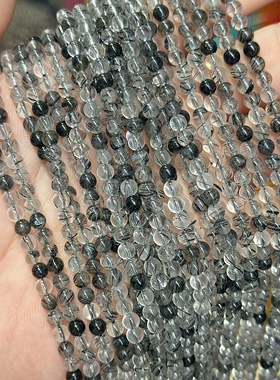天然4A冰种高品质黑发晶圆珠 3-4mm黑发晶散珠 diy手链项链配件
