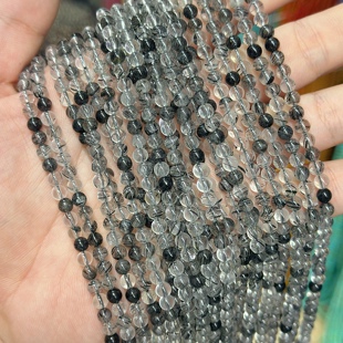 天然4A冰种高品质黑发晶圆珠 3-4mm黑发晶散珠 diy手链项链配件