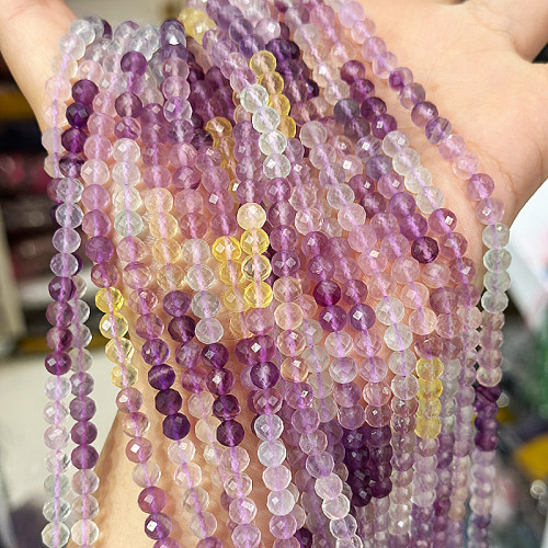天然渐变色彩萤石切面圆珠2-6mm硬切刻面紫绿莹石散珠diy饰品配件