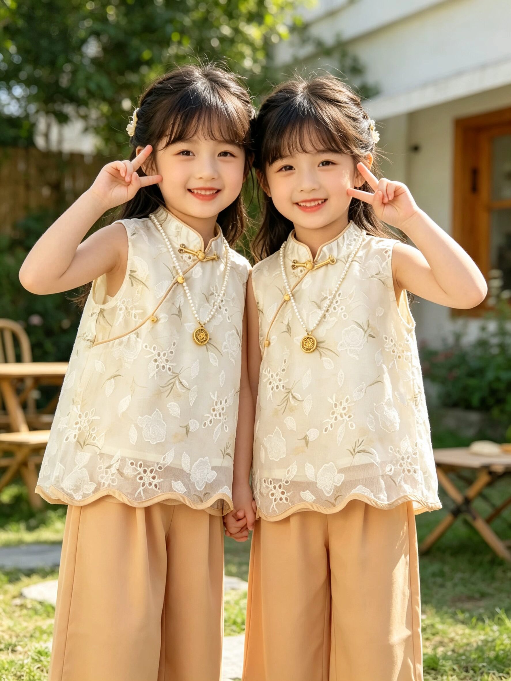 女童唐装夏季套装2026新款儿童新中式提花汉服女孩中国风周岁礼服