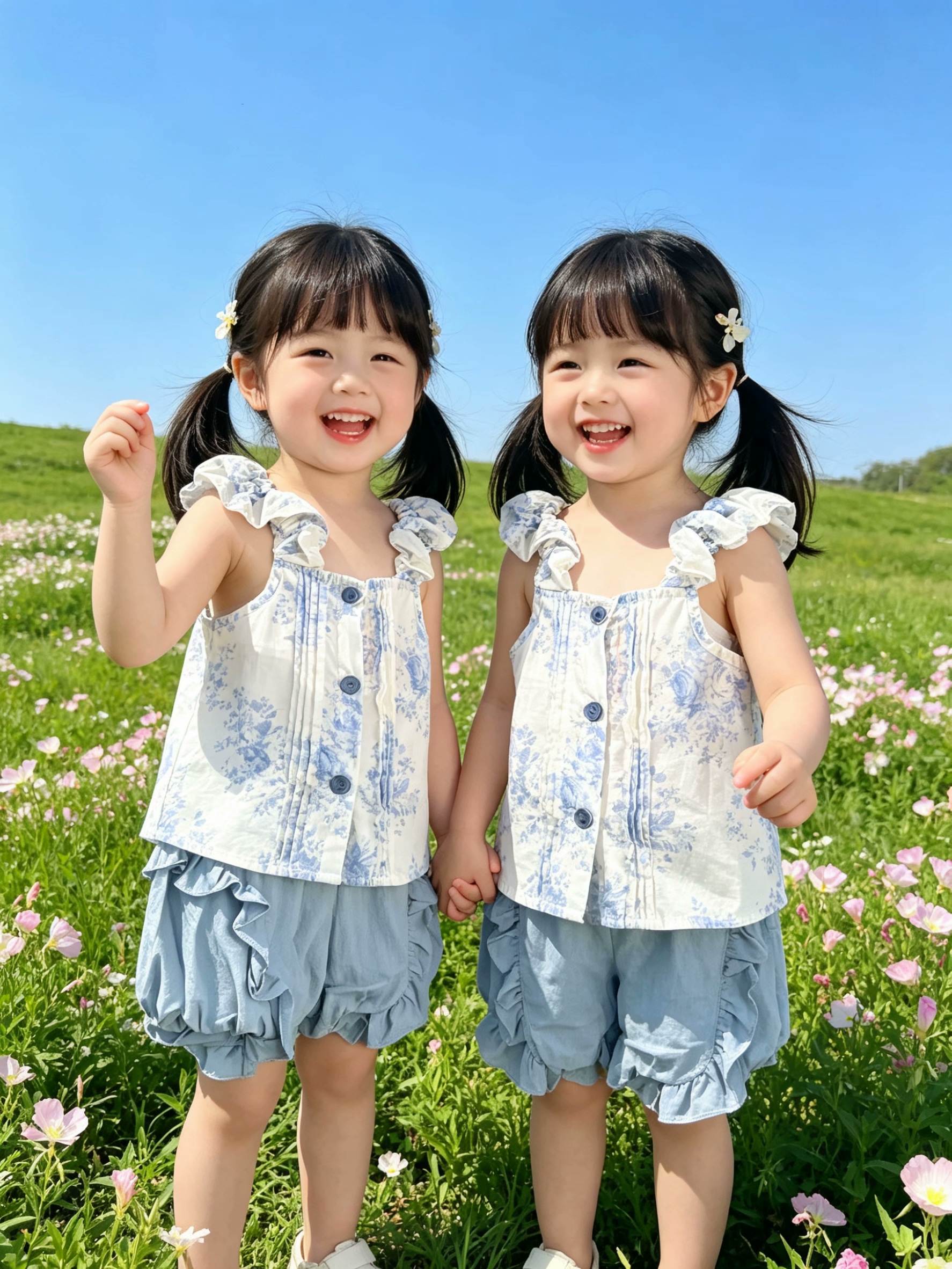 韩版女童夏天套装2026夏季新款女宝宝复古印花吊带花边短裤两件套