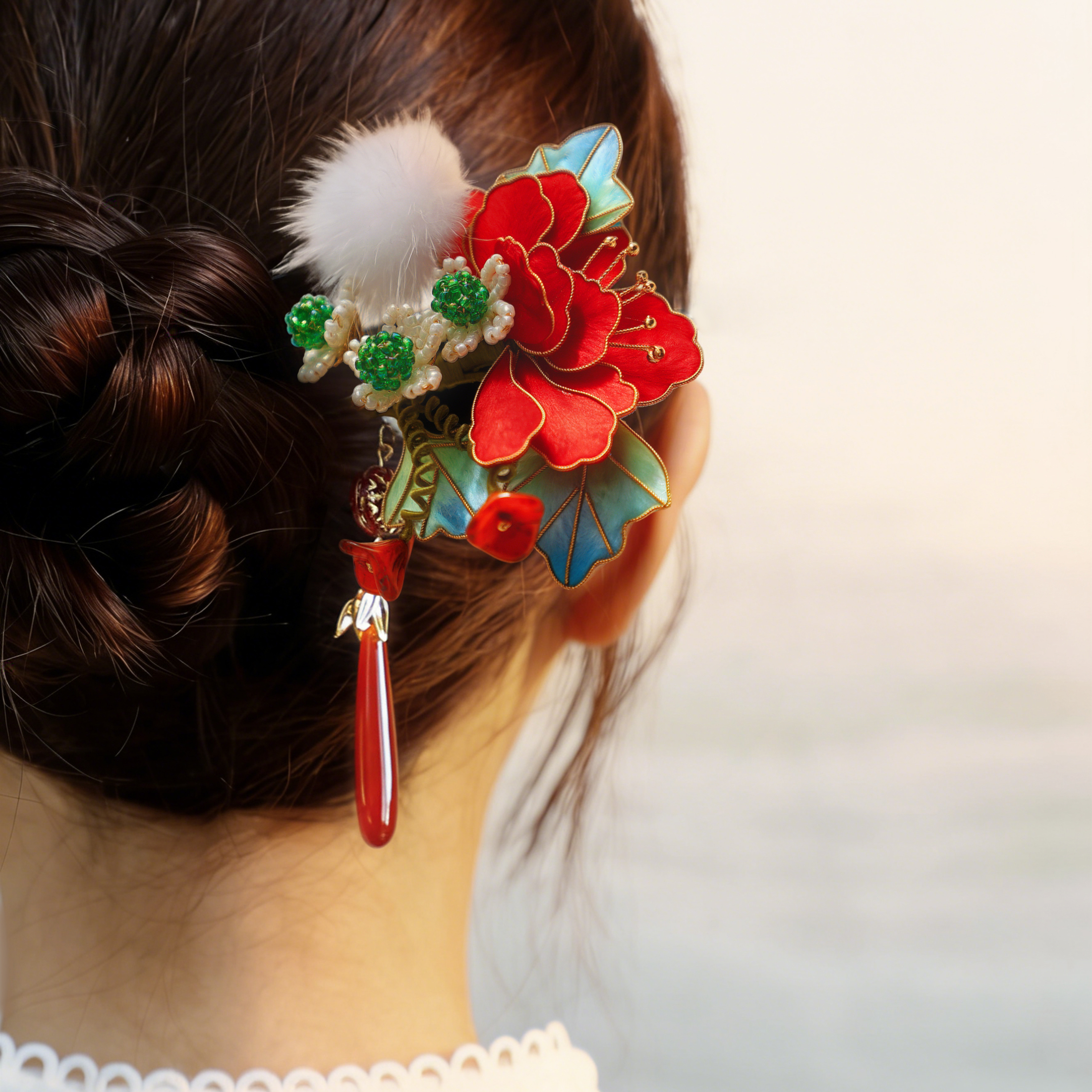 新中式毛球绒花发饰u型发簪檀木