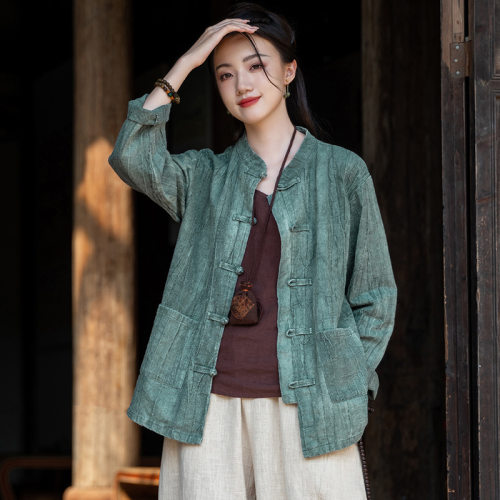 栖棠.春 原创复古文艺苎麻扎染做旧盘扣砂洗上衣开衫禅意茶服外套
