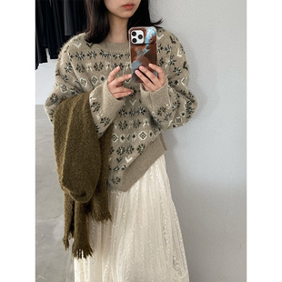 5937 针织上衣 江左 复古碎花软糯糯加厚套头毛衣女冬宽松圆领长袖