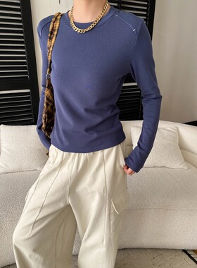 司南 新晋内搭 简约明线设计感圆领正肩薄绒打底衫t恤 sn8511