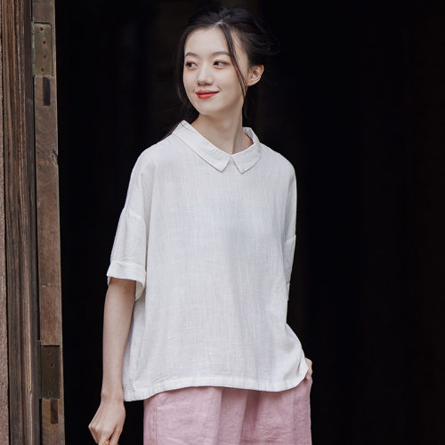 2026夏棉麻女装文艺翻领短袖上衣女减龄宽松T恤