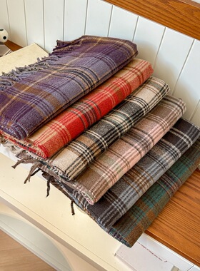 RJ。韩版简约格纹控围巾男女秋冬保暖长款紫色小格子披肩湖绿围脖