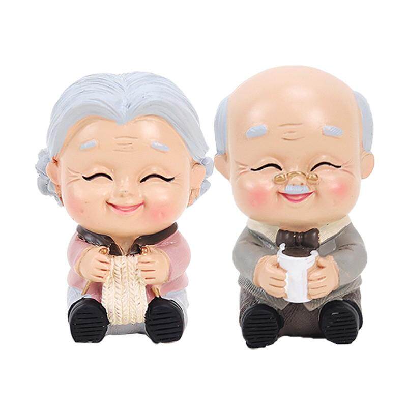 树脂喝茶织毛衣老头老太蛋糕装饰摆件公仔温馨老年人生日蛋糕配件