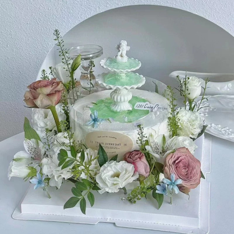 网红许愿池蛋糕装饰喷水池小天使莫奈花园情侣表白插件仙女生日款