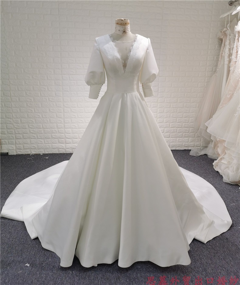 婚纱礼服中袖缎布V领拖尾婚纱