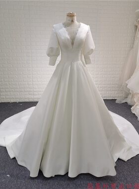 婚纱礼服中袖缎布V领拖尾婚纱