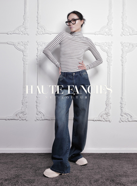 HAUTE FANCIES后构想｜灰色条纹连身小高领细长袖修身显瘦打底衫