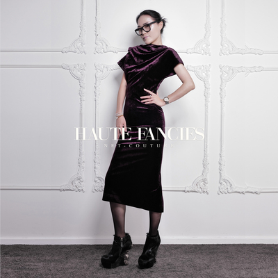 深紫极简优雅丝绒荡领连袖式旗袍