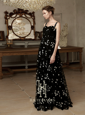 星空繁花HAUTE FANCIES后构想|黑色法式优雅立体蕾丝吊带连衣裙秋