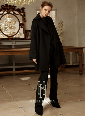 孤品 HAUTE FANCIES后构想|黑色侧面拼接蕾丝高腰直筒裤秋