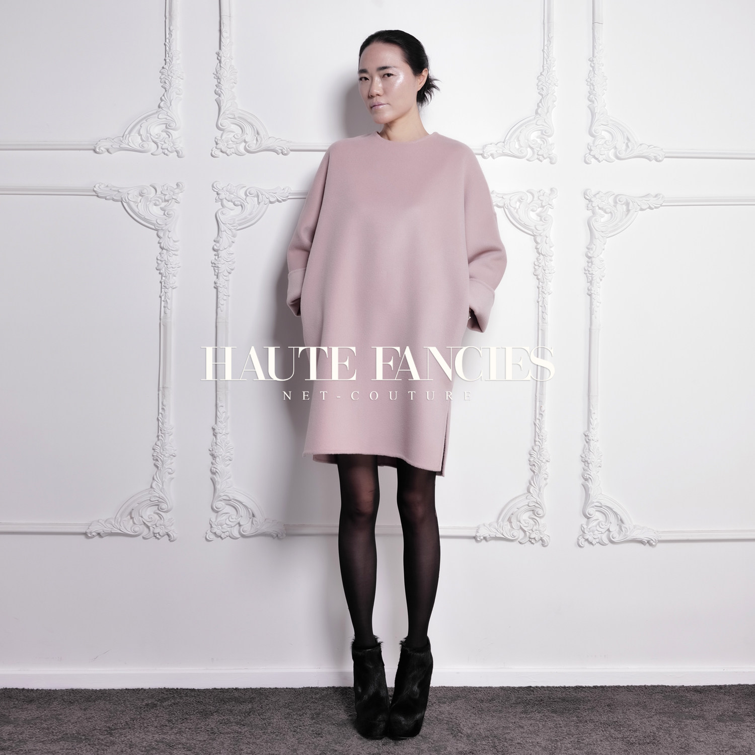 HAUTE FANCIES后构想 | 优雅茧型粉色双面呢圆领卷袖中长冬连衣裙,女装/女士精品,连衣裙,淘宝优惠券,粉丝福利购,淘宝优惠卷