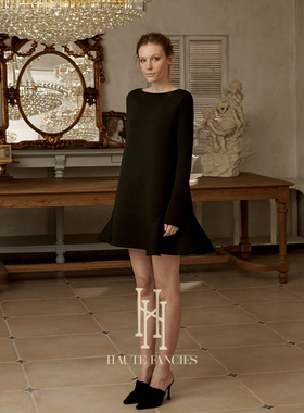 法式优雅 HAUTE FANCIES后构想|秋冬黑色优雅圆领长袖气质连衣裙