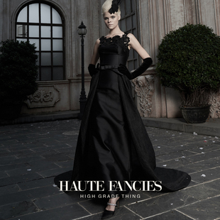 高定 FANCIES后构想 黑色丝毛精工手缝法式 蕾丝大礼服裙 HAUTE