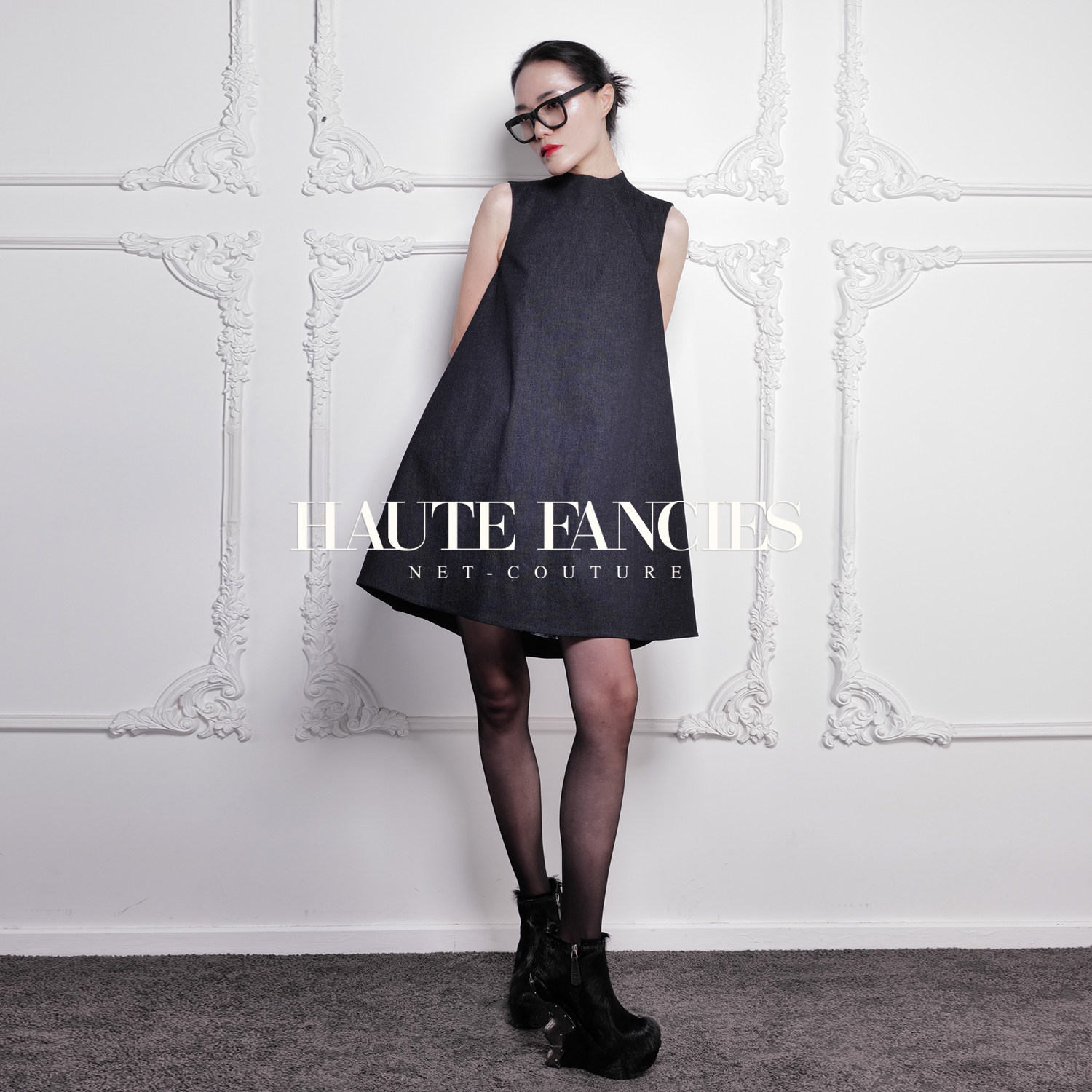 【HAUTE FANCIES后构想】藏青色牛仔连立领无袖A摆连衣裙a字短裙