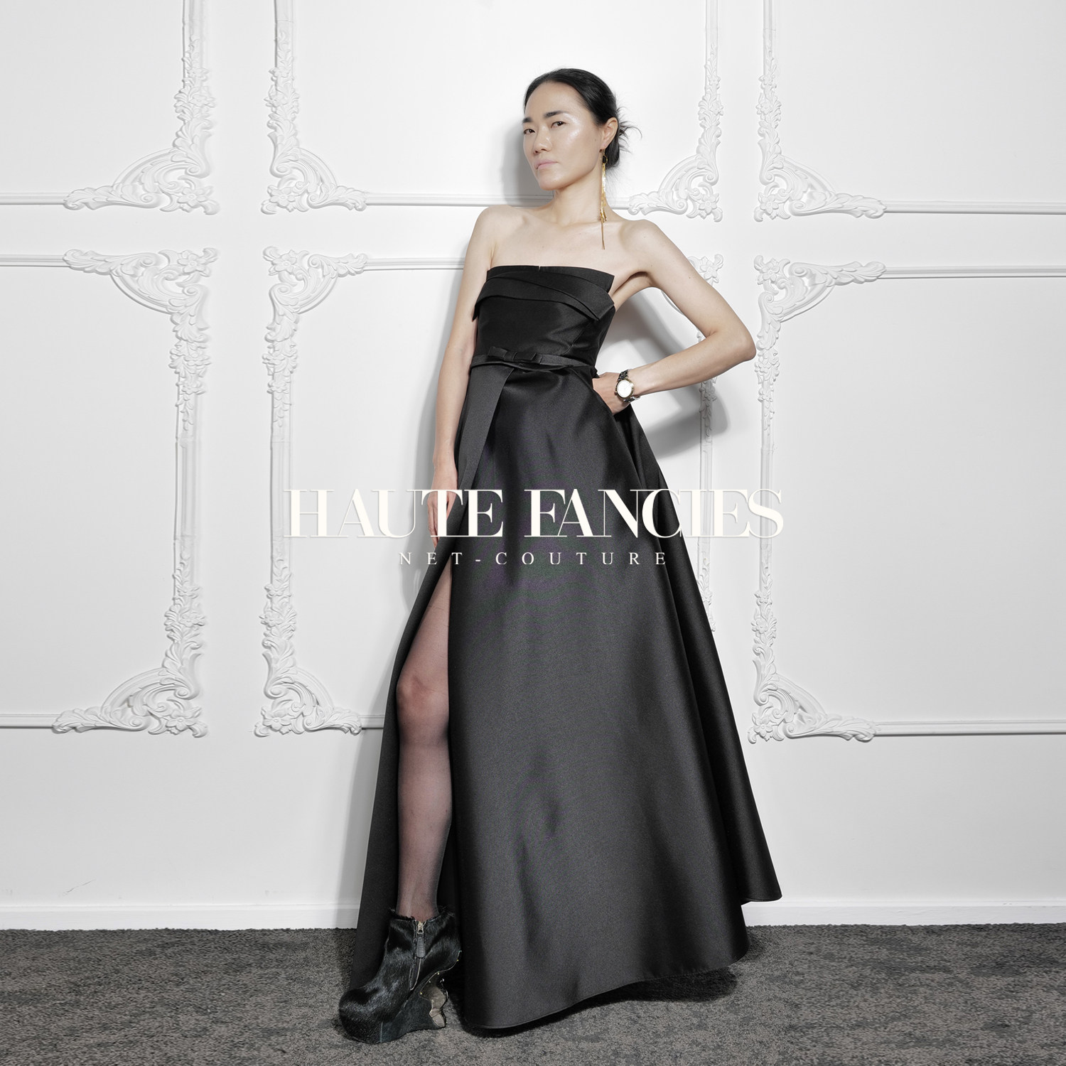 【HAUTE FANCIES后构想】法式立裁抹胸式高衩黑色收腰礼服裙新品