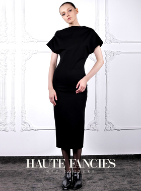 法式优雅 HAUTE FANCIES后构想 | 黑色修身一字领针织连衣裙长裙