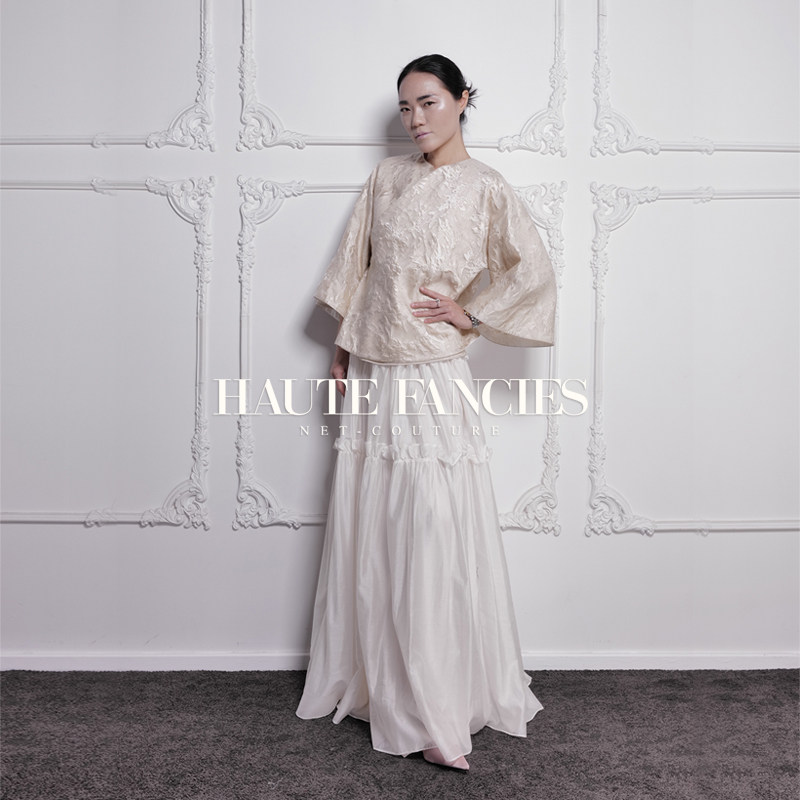 书香 HAUTE FANCIES后构想｜杏色提花斜襟宽袖外套一片式上衣早秋