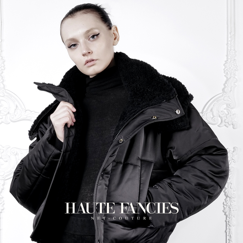 新品后构想暖阳黑色高领连帽棉服