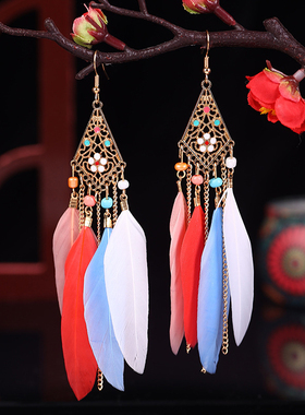 新款创意白色羽毛耳环长款女云南风情旅游度假民族风复古气质耳坠