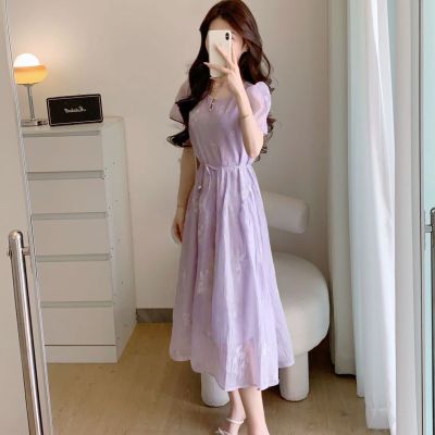 高端品牌尾货浅紫色连衣裙女夏2025新款泡泡袖系带收腰温柔风裙子