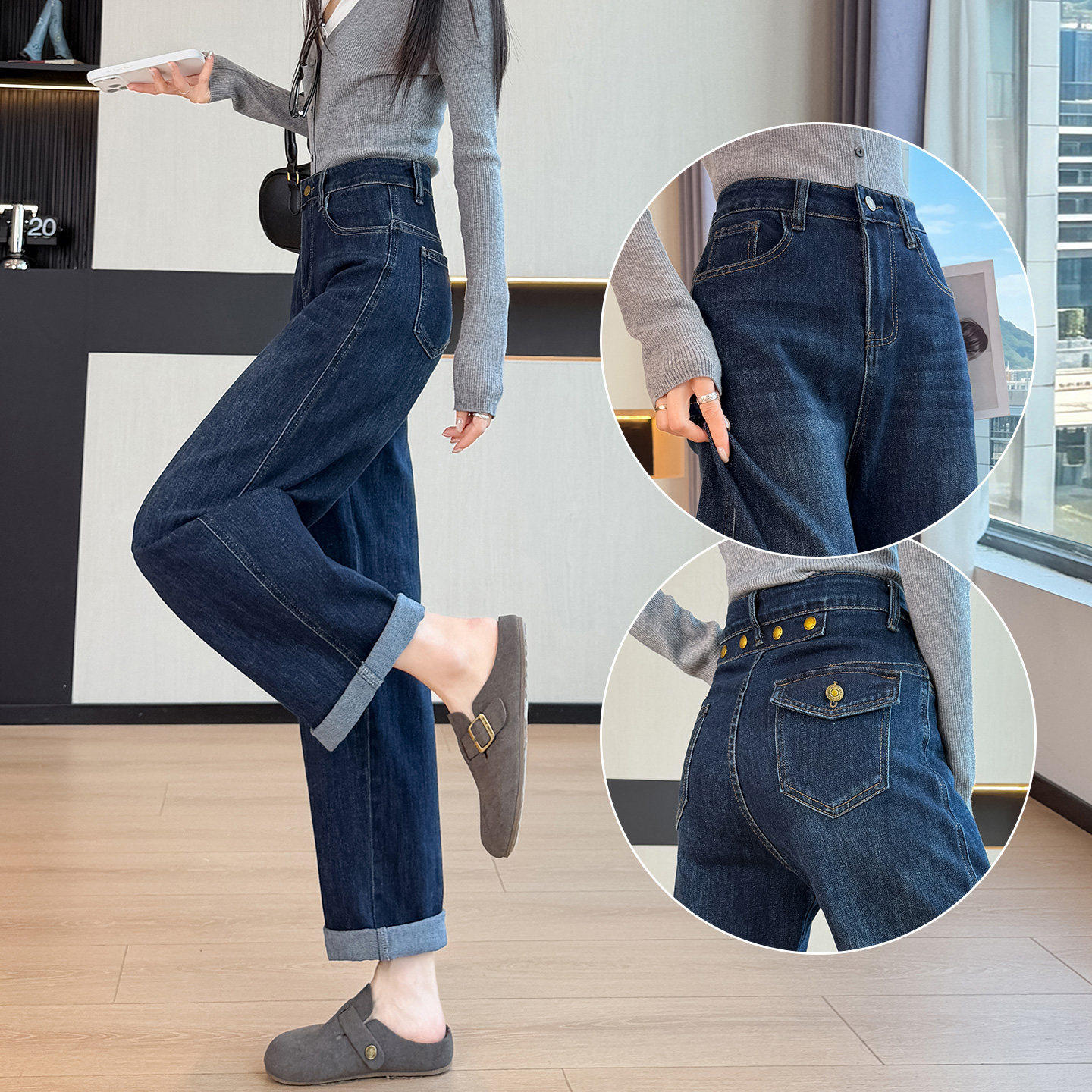 深蓝色直筒牛仔裤女学生秋季新款高腰遮胯显瘦宽松百搭窄版裤腿裤