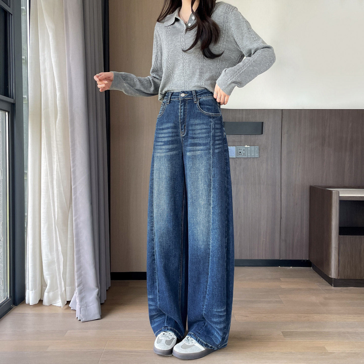 弯刀牛仔裤女学生秋季新款高腰宽松百搭显瘦阔腿裤胯大腿粗香蕉裤