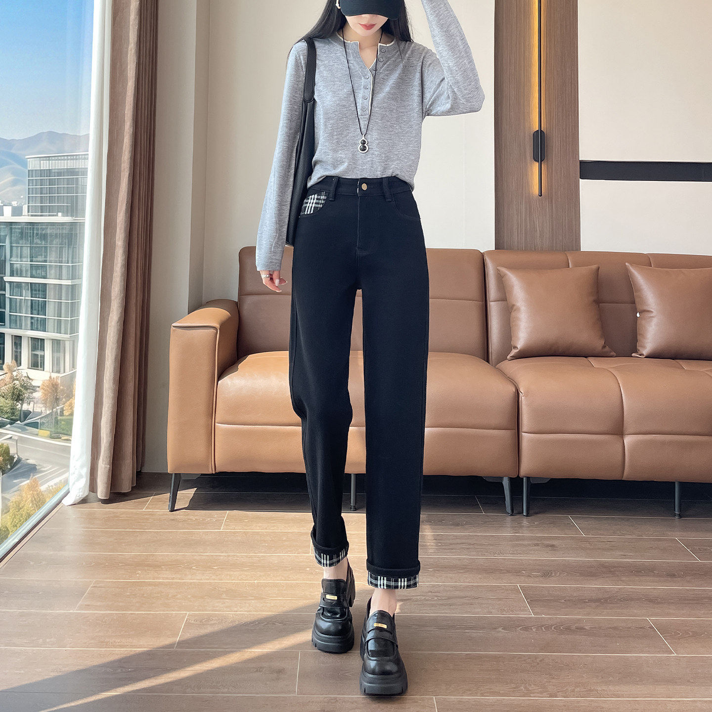 格纹翻边牛仔烟管裤女学生秋季新款高腰弹力小个子九分直筒哈伦裤