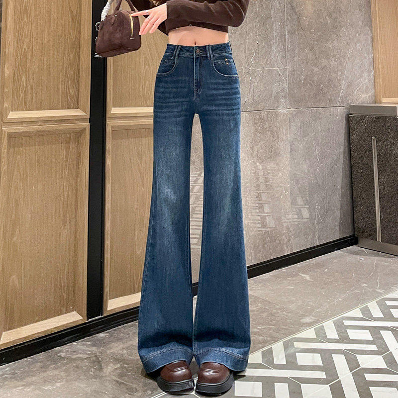 微喇牛仔裤女学生春秋新款高腰显瘦宽松弹力复古直筒拖地喇叭裤子