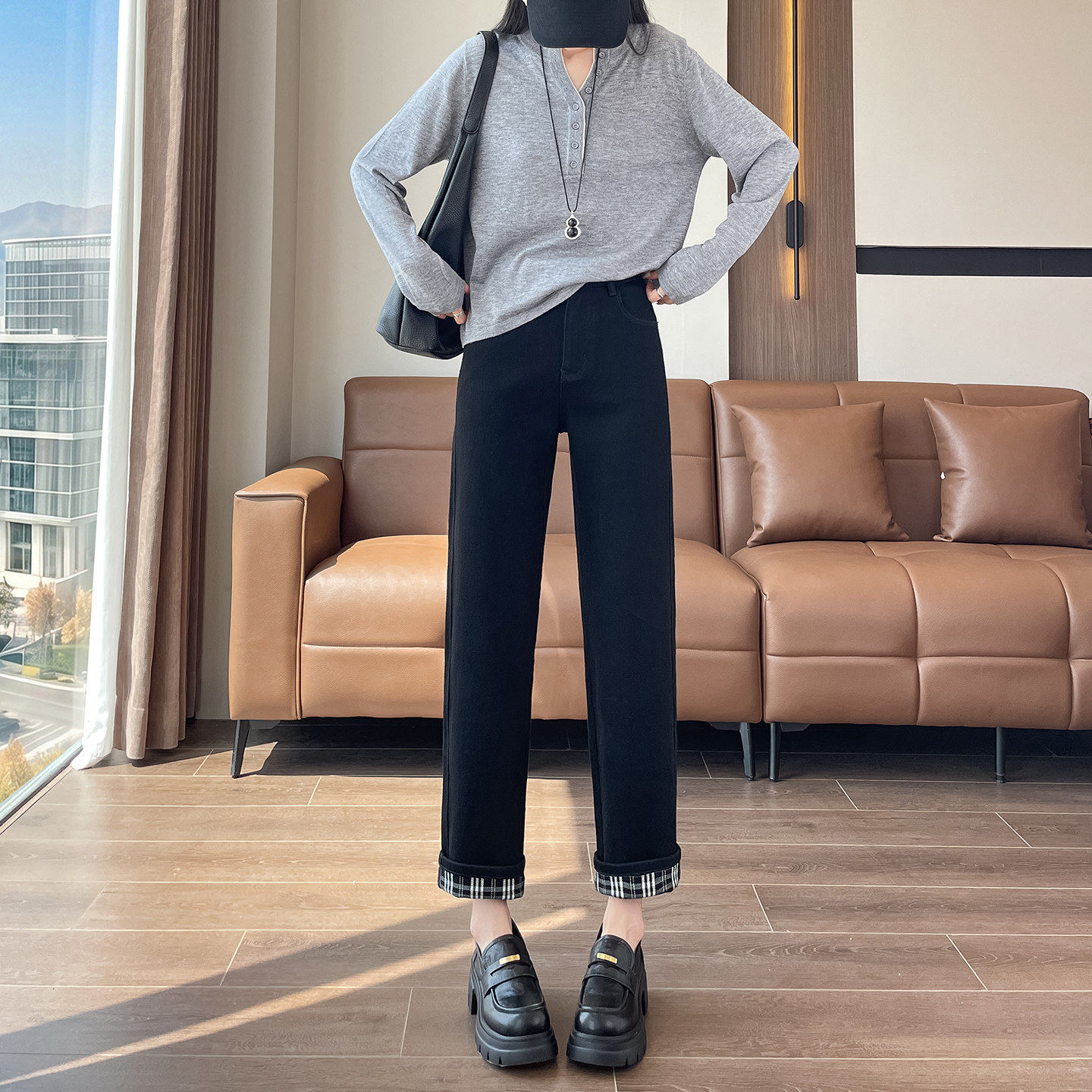 格纹翻边牛仔烟管裤女学生秋季新款高腰弹力小个子九分直筒哈伦裤