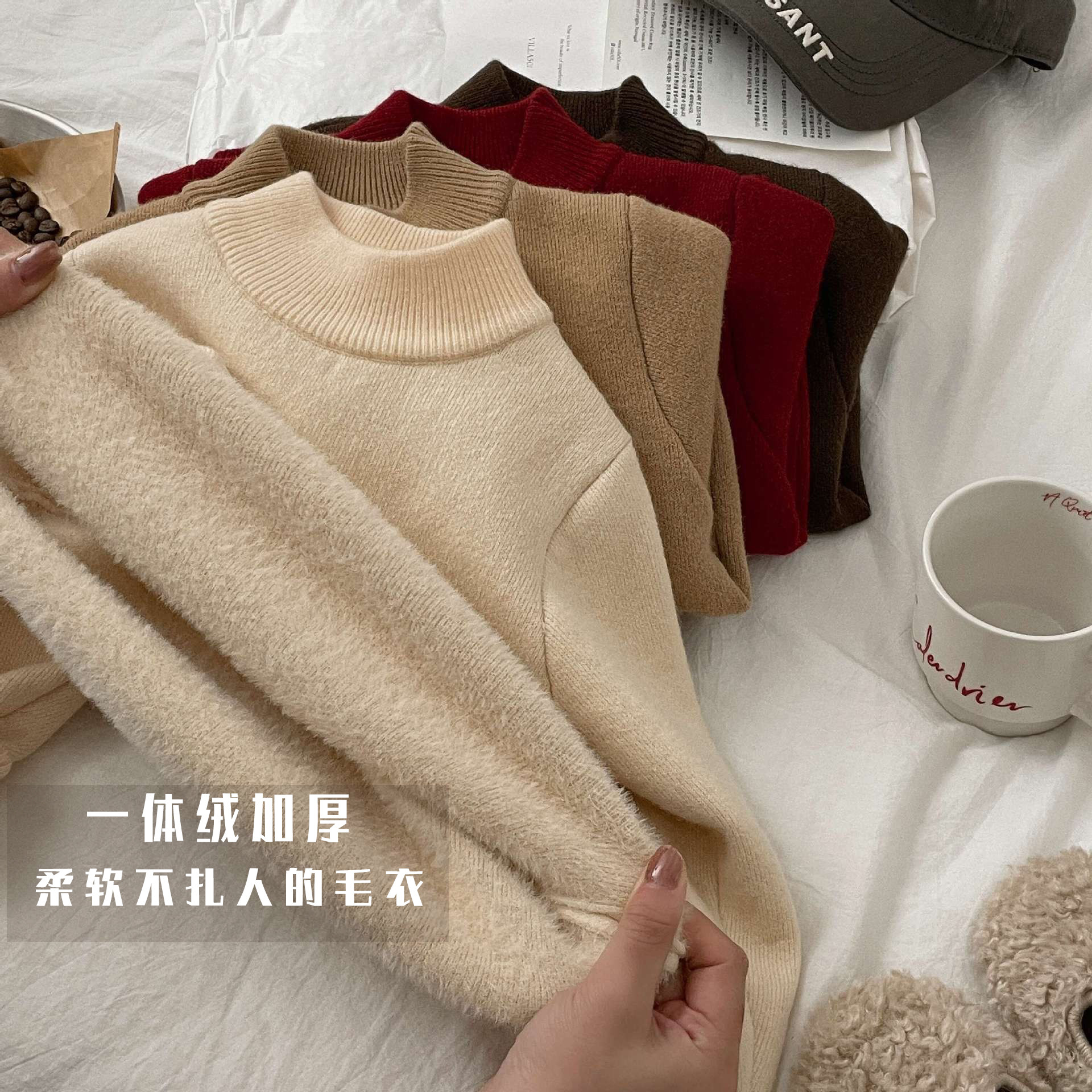 儿童毛衣加厚秋冬装半高领一体绒韩版男女童保暖红色打底针织衫